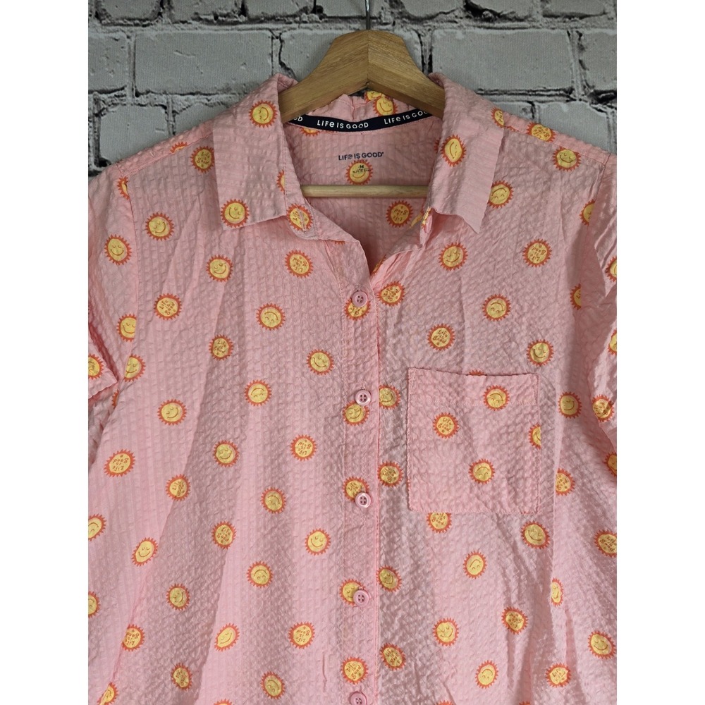 Life Is Good Sleep Cotton Blend Sunshine Smiling Sun Graphic Print Button Up Top - Picture 2 of 10